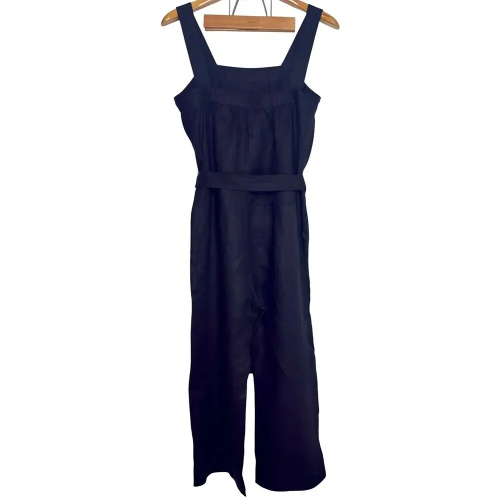 Quince Women's 100% European Black Linen Square Neck Light Weight Jumpsuit Sz: S
